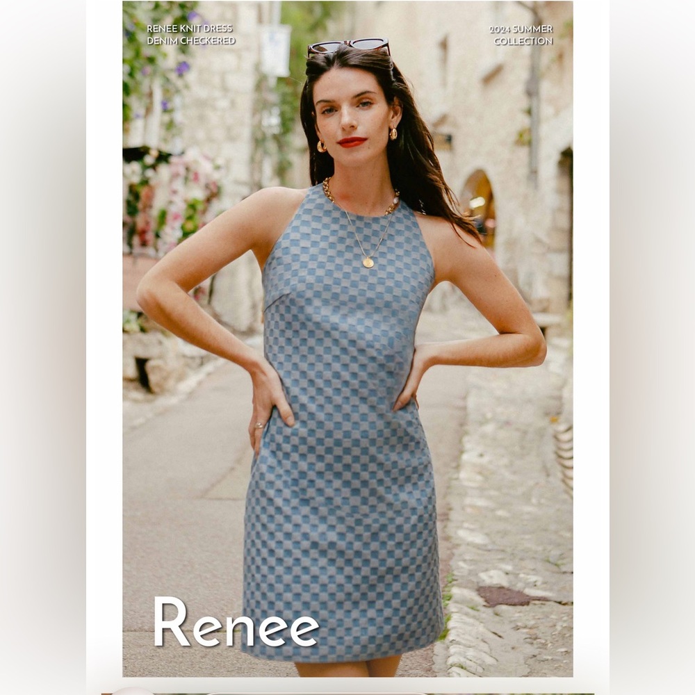 Petite Studio NYC Renee Blue Denim Checkered Knit Mini Dress (XS)